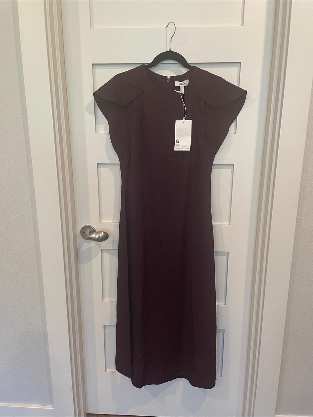 COS Midi Dress in Deep Plum with Sculpted Cap Sleeves back zipper.